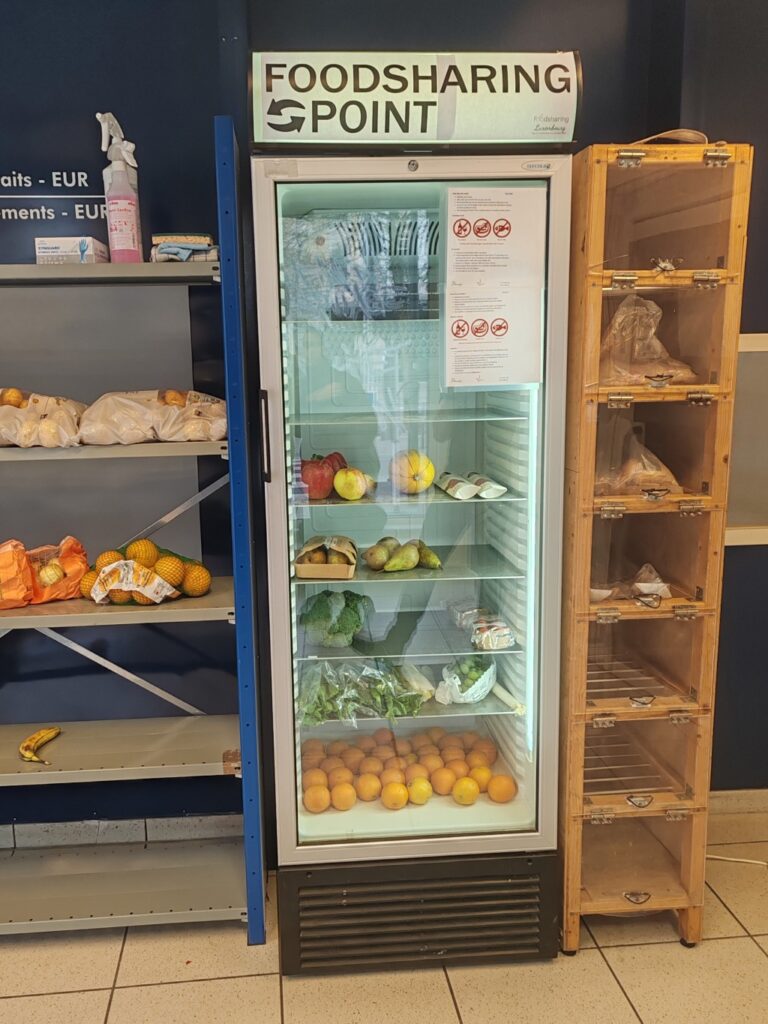 There is a shelf with some fruits and eggs, a fridge with mainly fruits and vegetables inside and the sign "Foodsharing Point" on top, and a bread shelf with some baked goods inside.